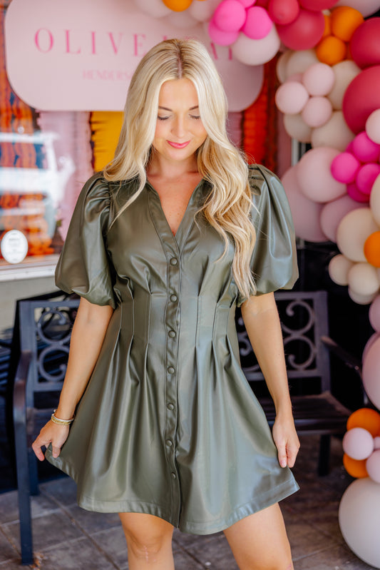 Olive Leather Shirt Dress