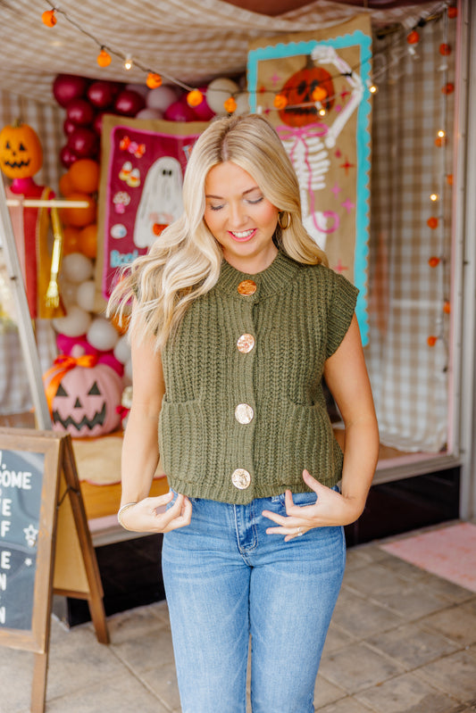 Olive Front Button Vest