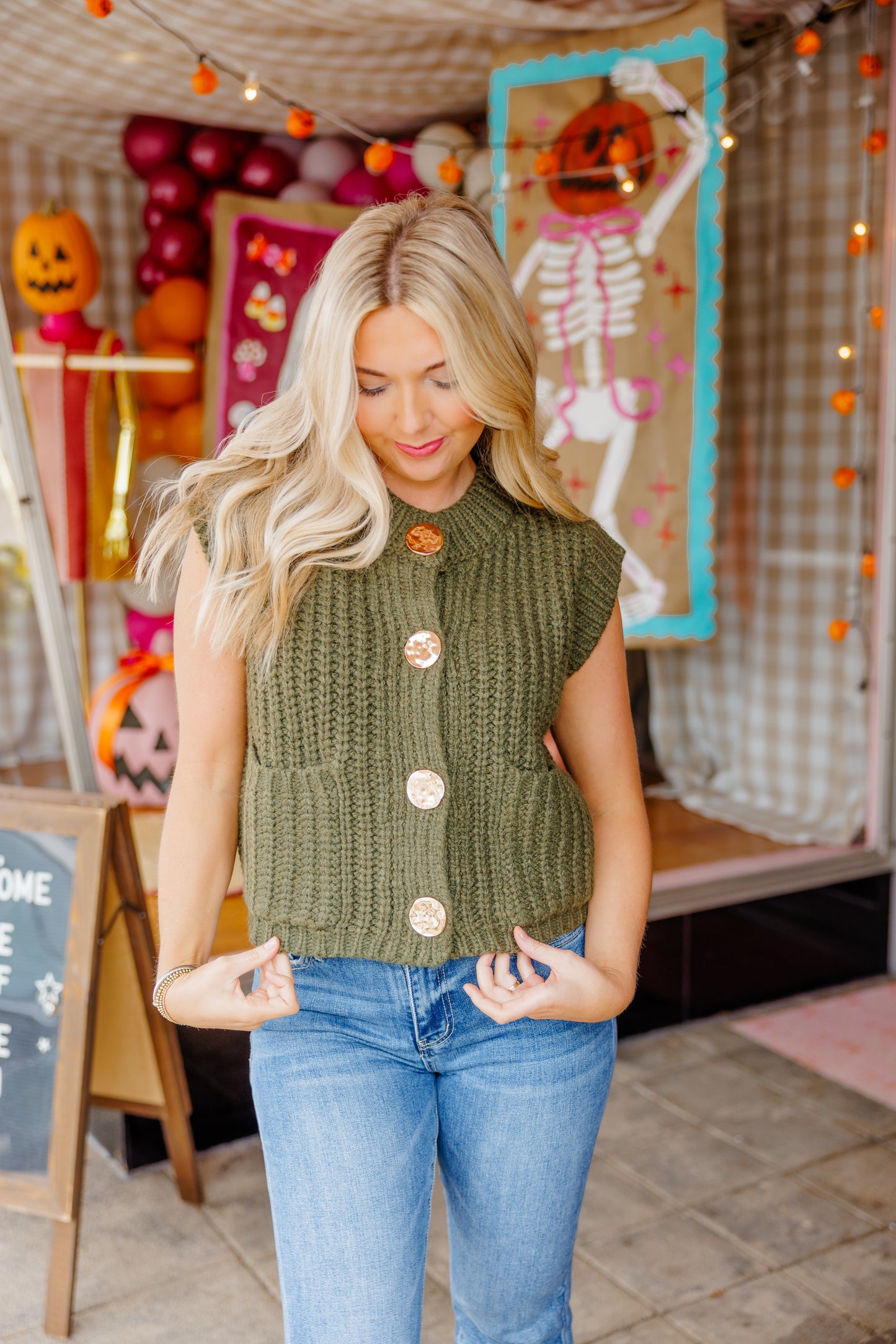 Olive Front Button Vest