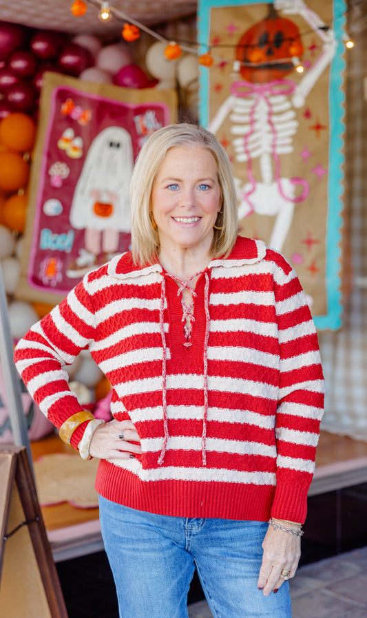 Rust Striped Lace Up Sweater