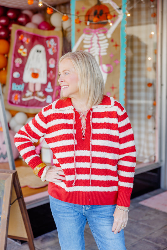 Rust Striped Lace Up Sweater