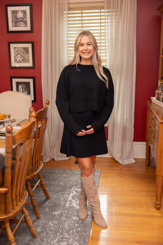 Black Knit Flare Skirt Set