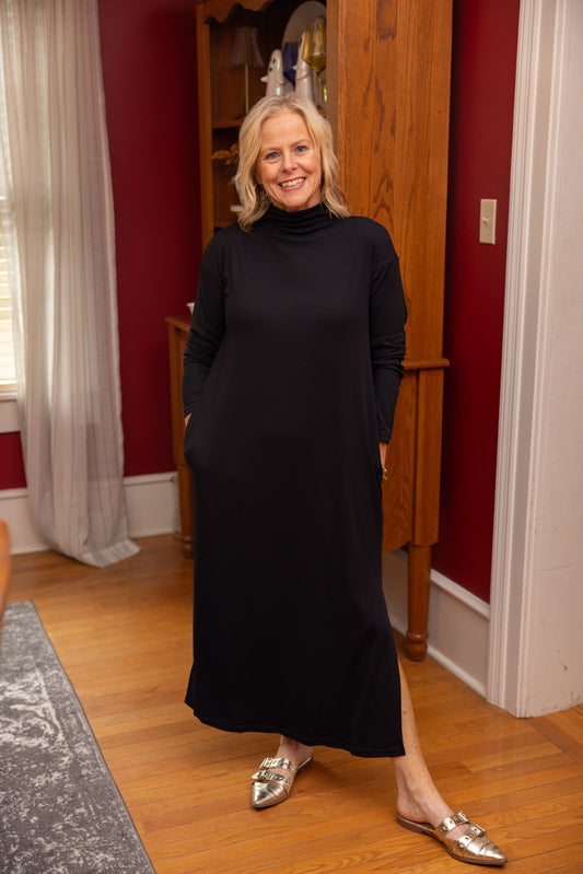 Black Mock Neck Midi Dress