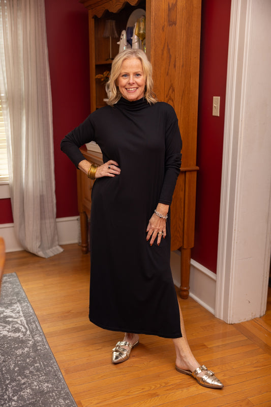 Black Mock Neck Midi Dress