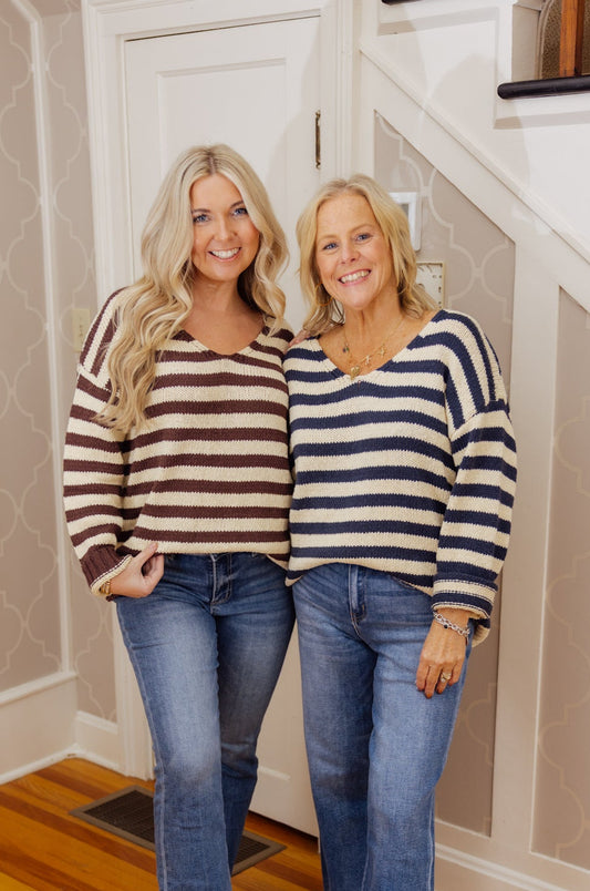 Striped V-Neck OS Sweater