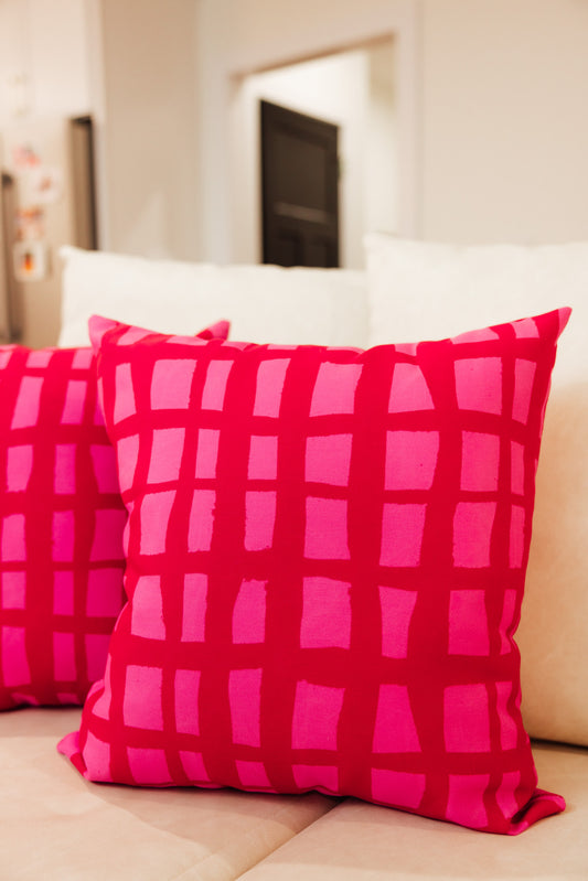 Pink + Red Checkered Throw Pillow