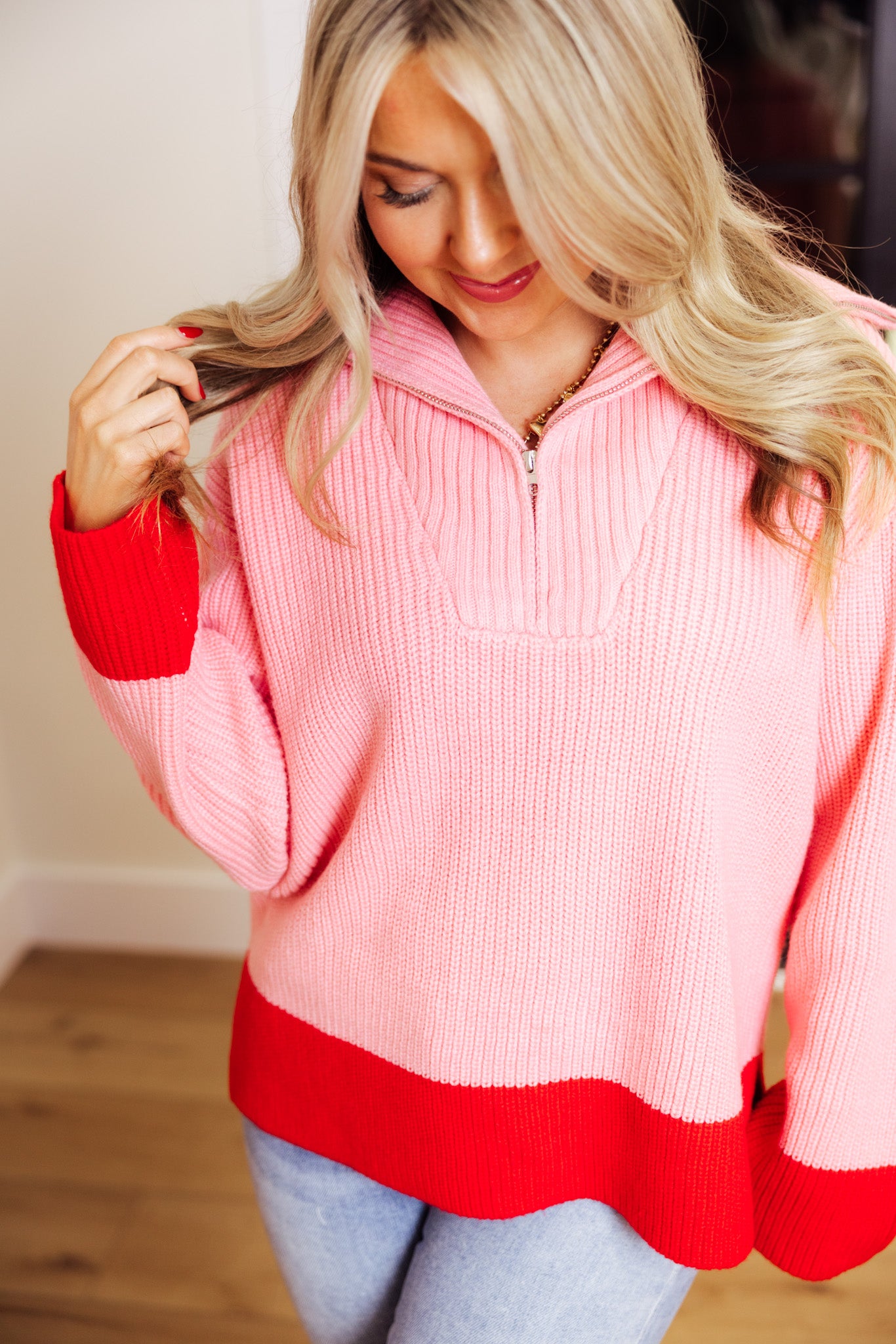 Pink/Red Contrast Zip Sweater