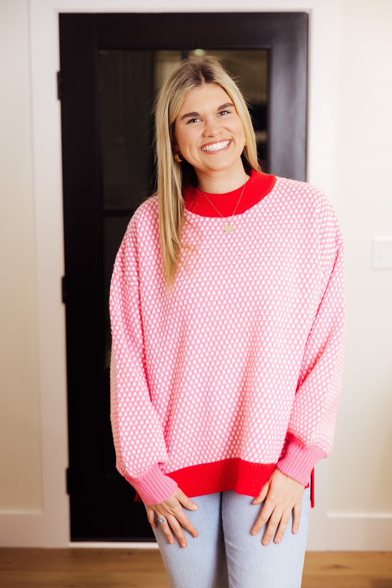 Pink Red Cable Knit Sweater