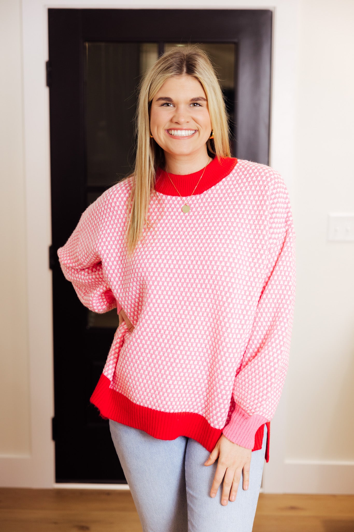 Pink Red Cable Knit Sweater