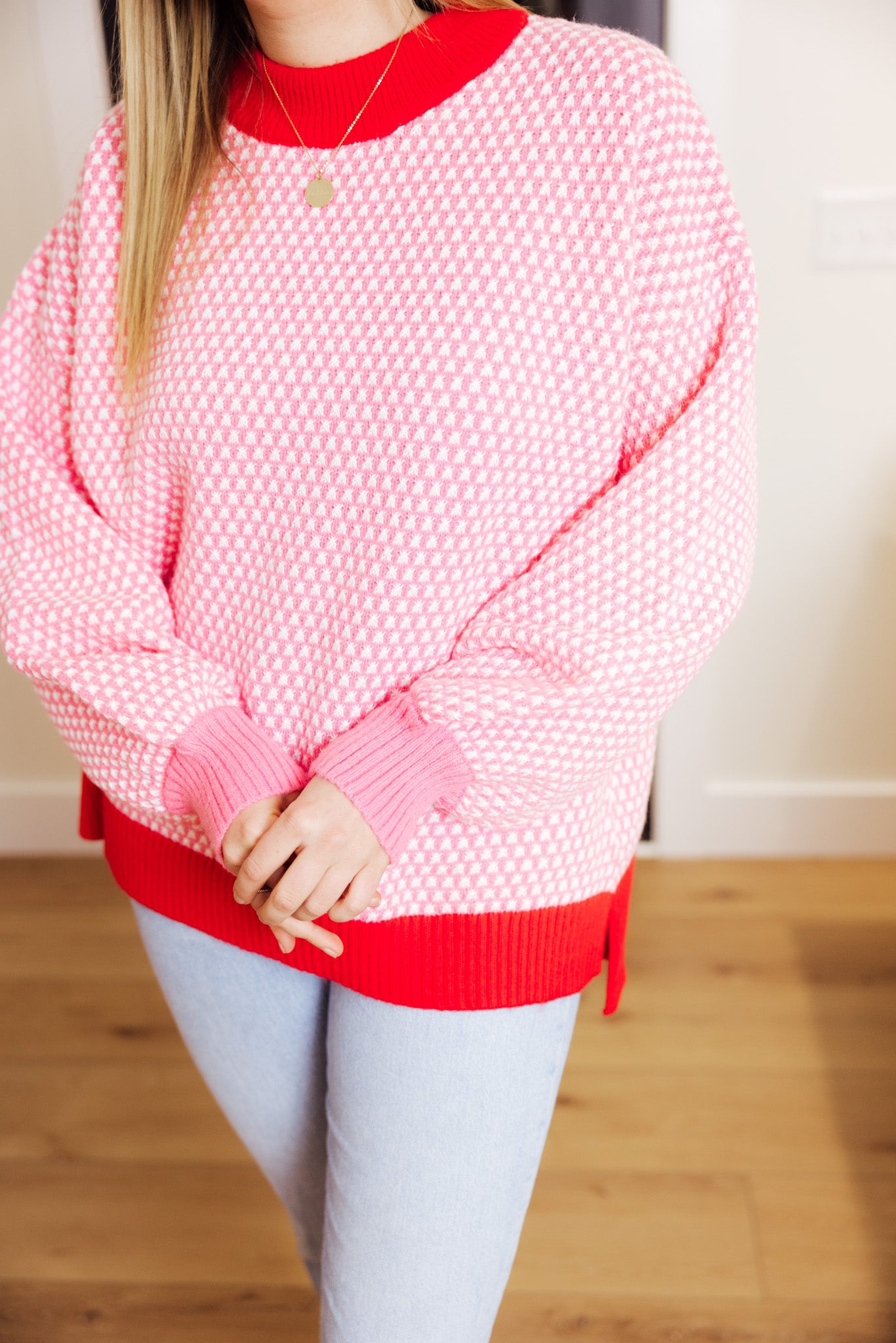 Pink Red Cable Knit Sweater