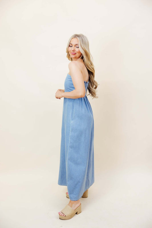 Strapless Denim Midi Dress