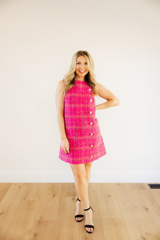 Hot Pink Tweed Button Dress