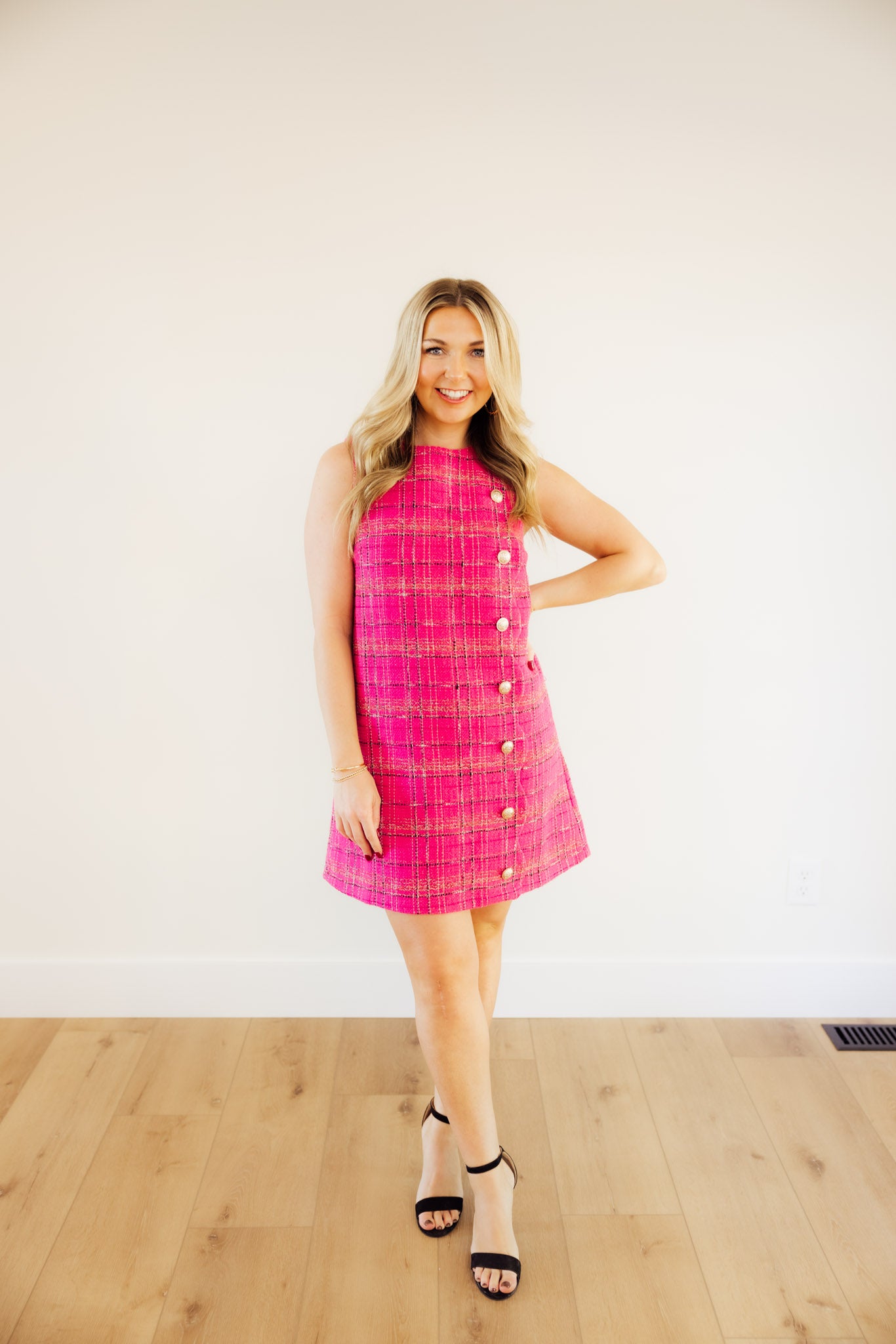 Hot Pink Tweed Button Dress