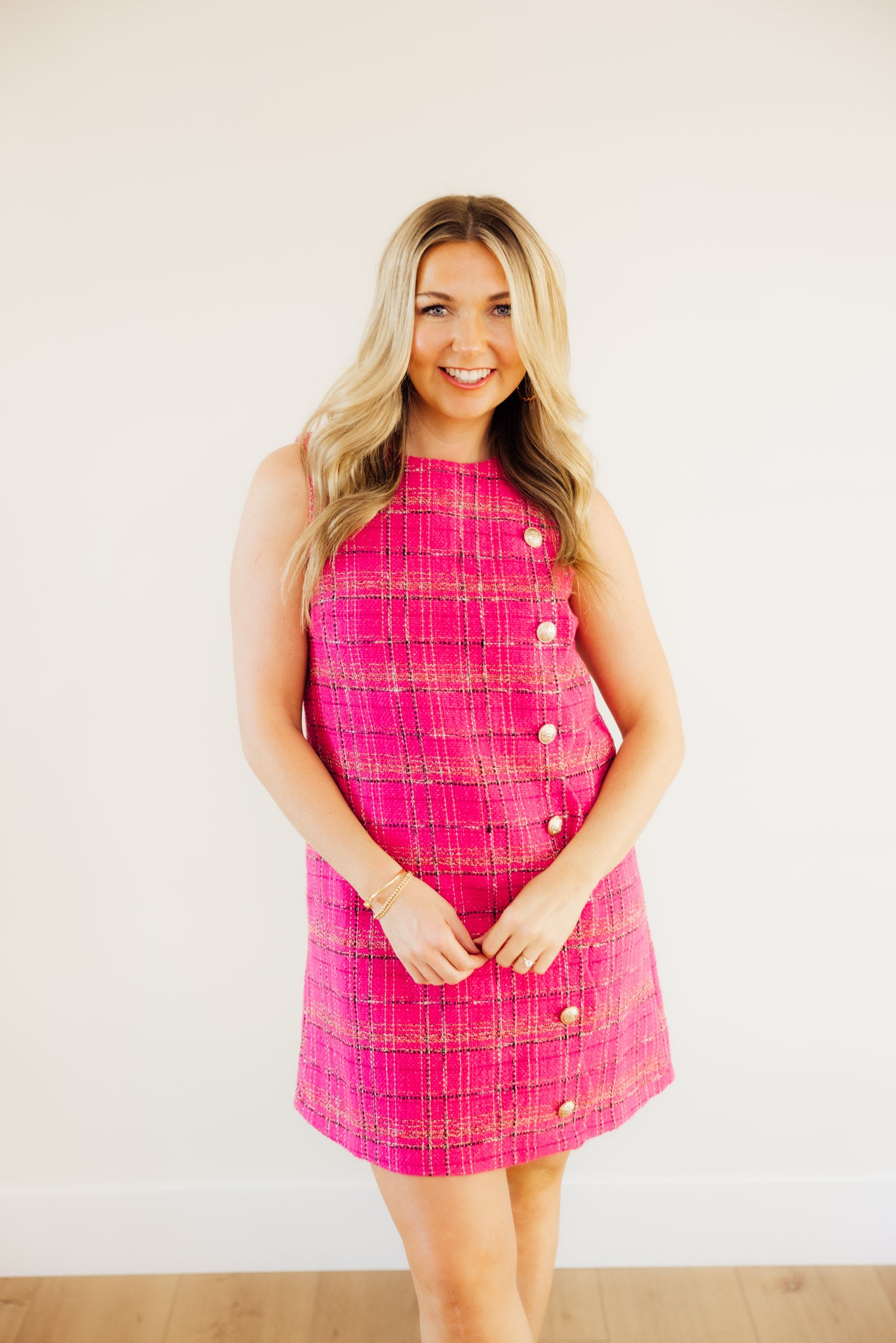 Hot Pink Tweed Button Dress