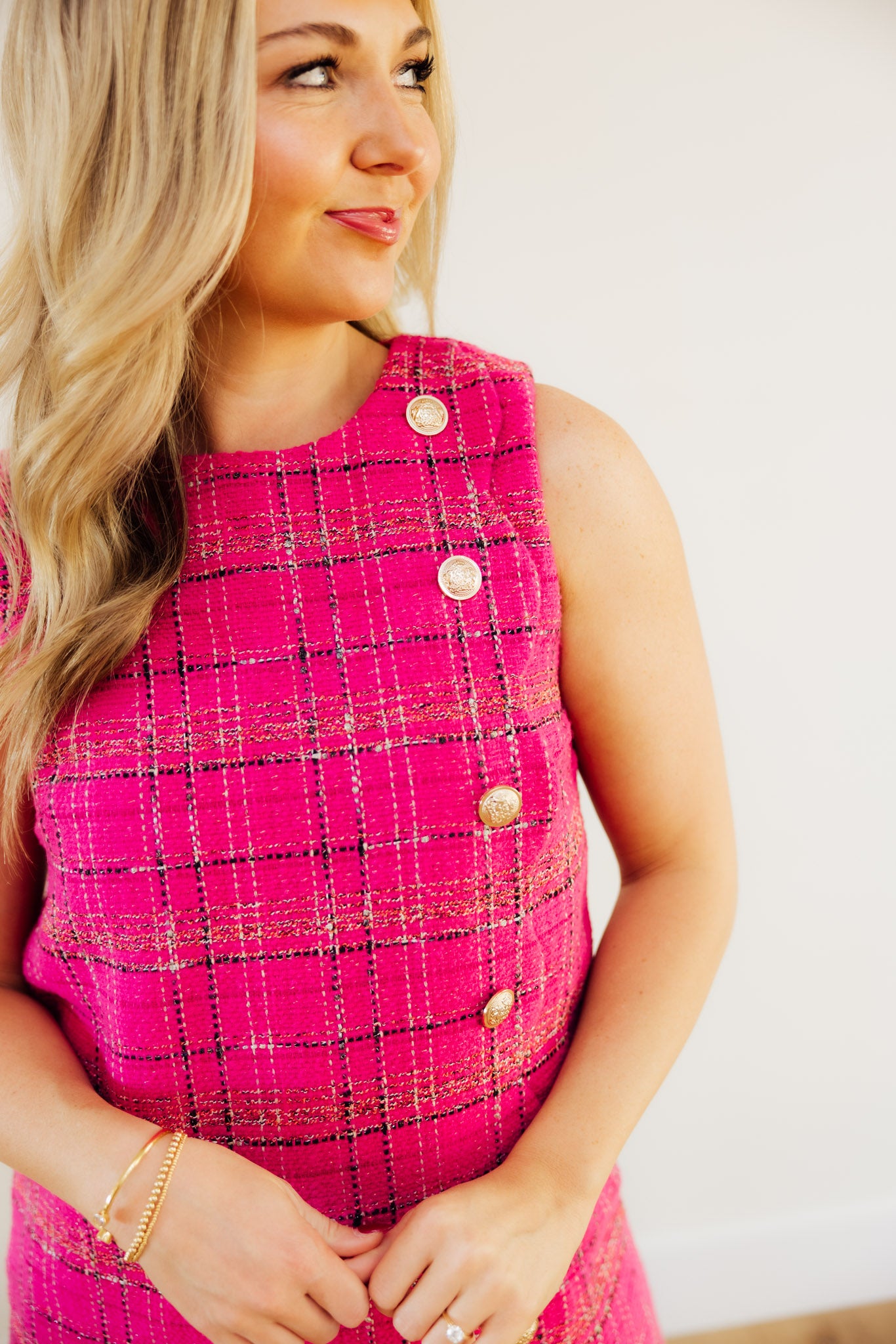 Hot Pink Tweed Button Dress