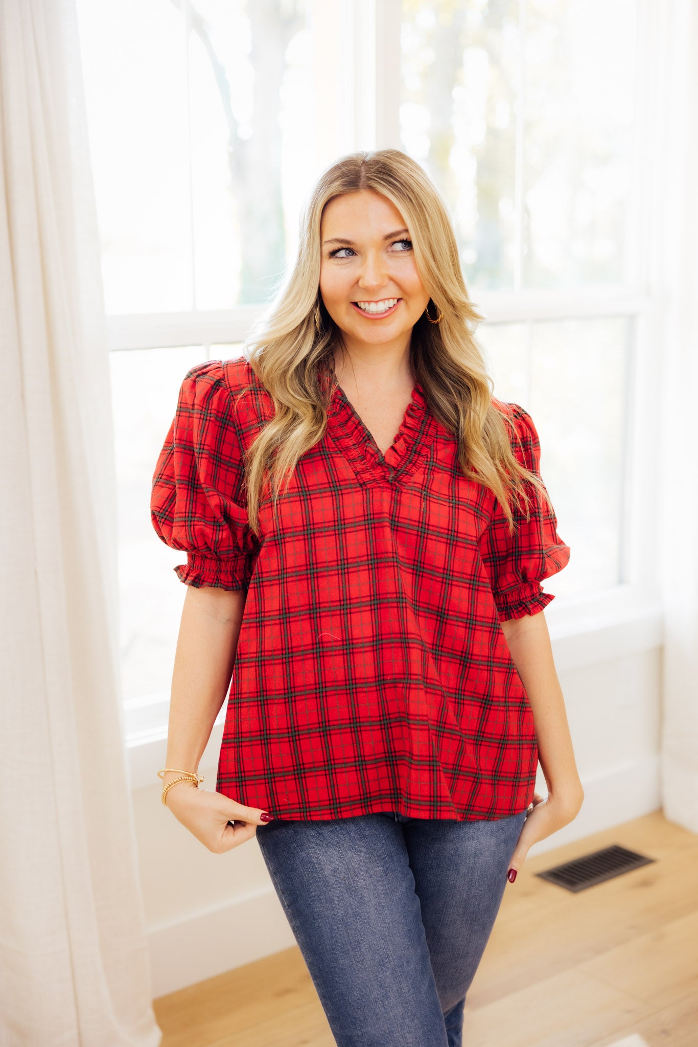 Red Plaid V-Neck Top