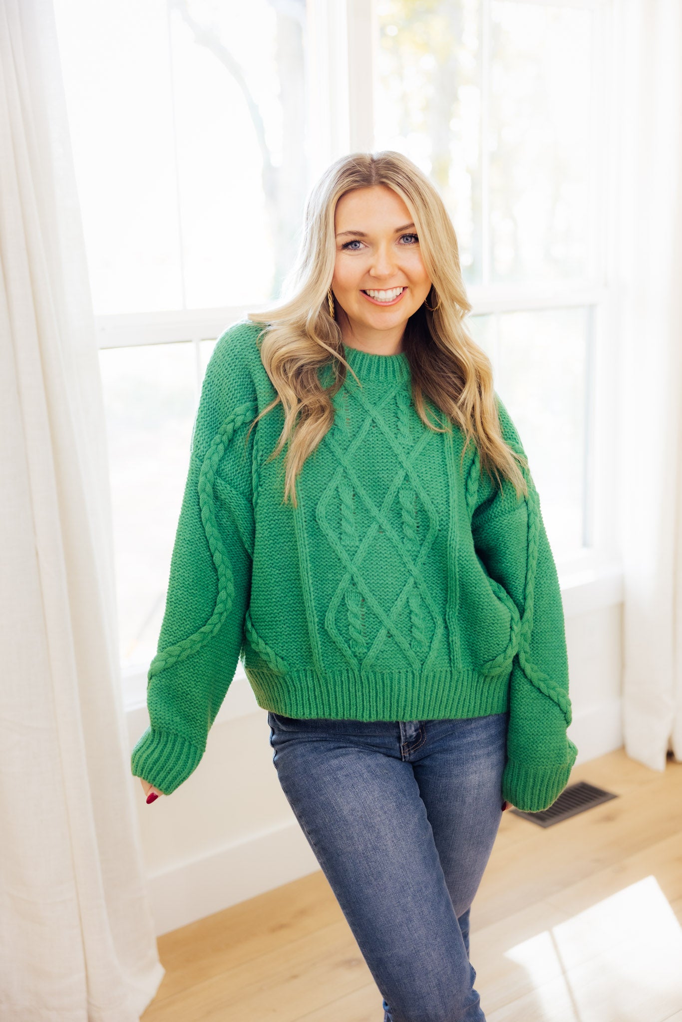 Green Braided Cable Sweater