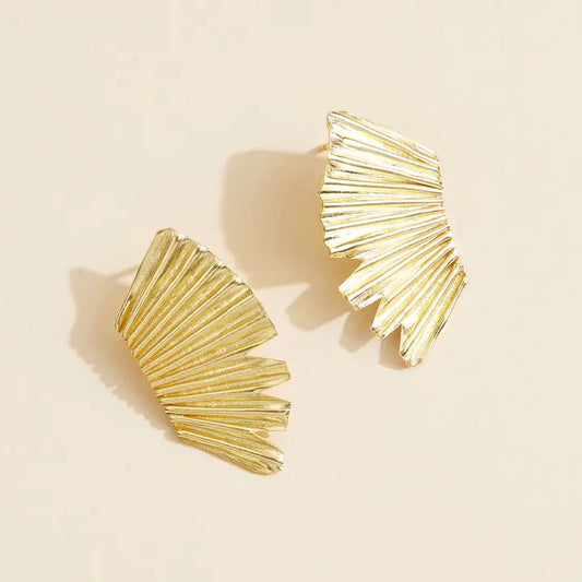 Gold Winged Fan Textured Earrings