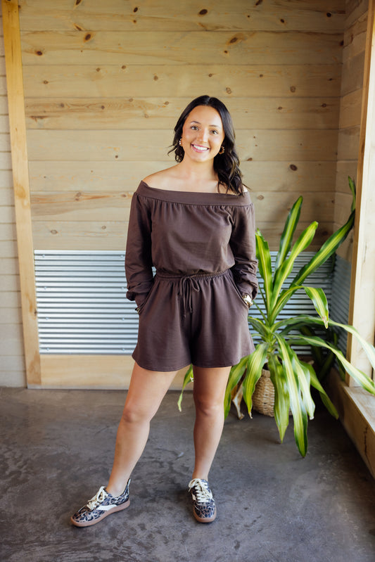 Brown Off Shoulder Romper