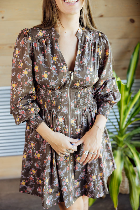Mocha Zippered Floral Dress