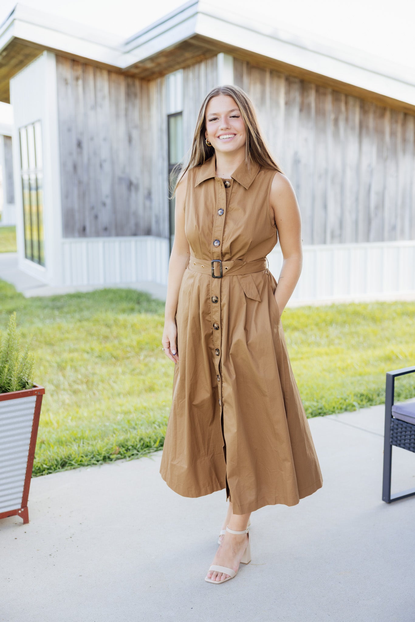 Brown Pleated Midi Dress