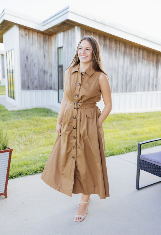 Brown Pleated Midi Dress