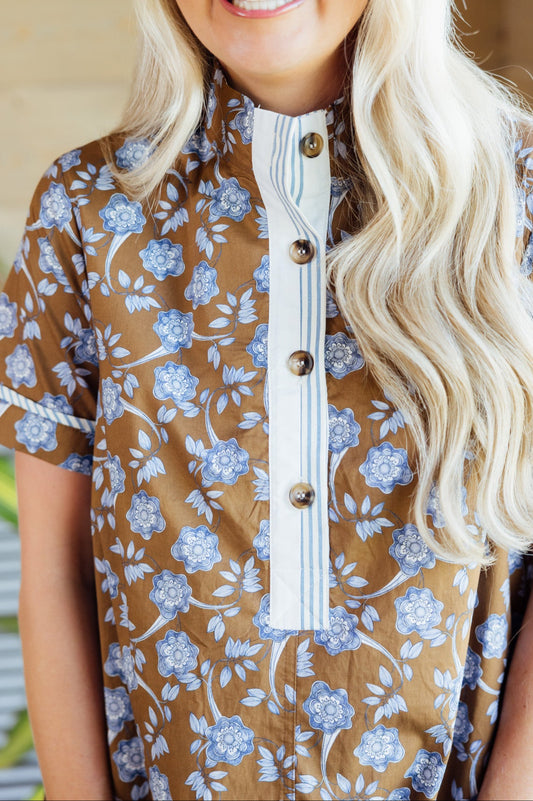 Brown Floral High Neck Dress