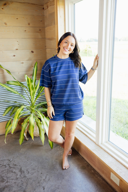 Navy Striped Modal Short Set