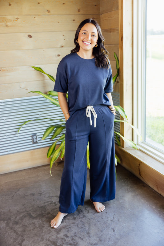Navy Waffle Pant Set