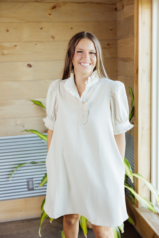 Ecru Ruffle Neck Dress