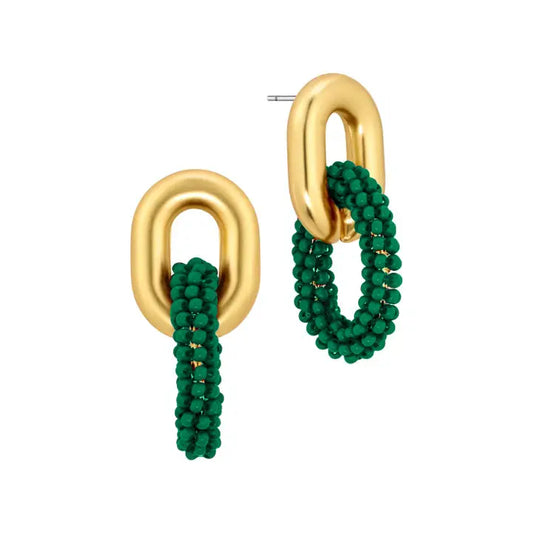 Gold & Green Beaded Link Earrings