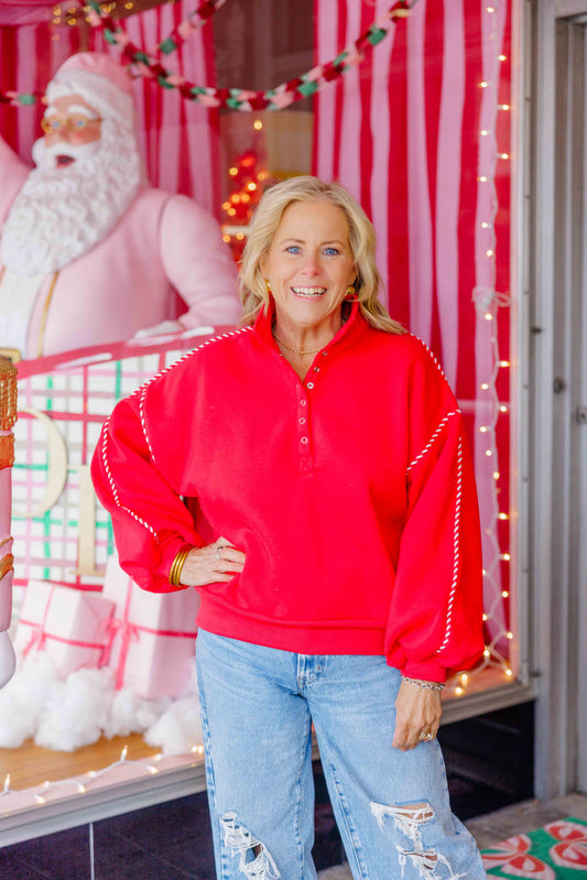 Red Alexa Contrast Piping Pullover