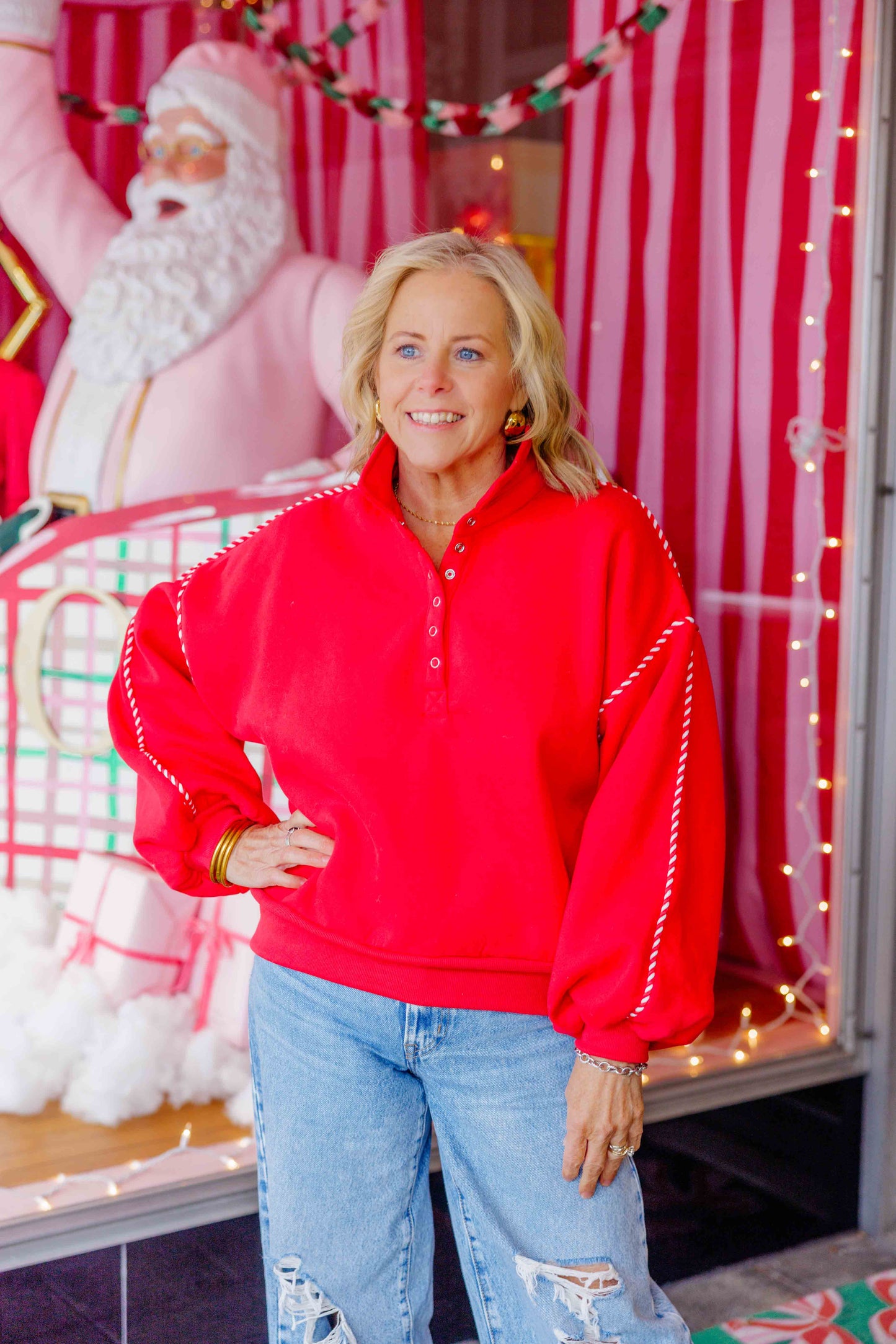 Red Alexa Contrast Piping Pullover