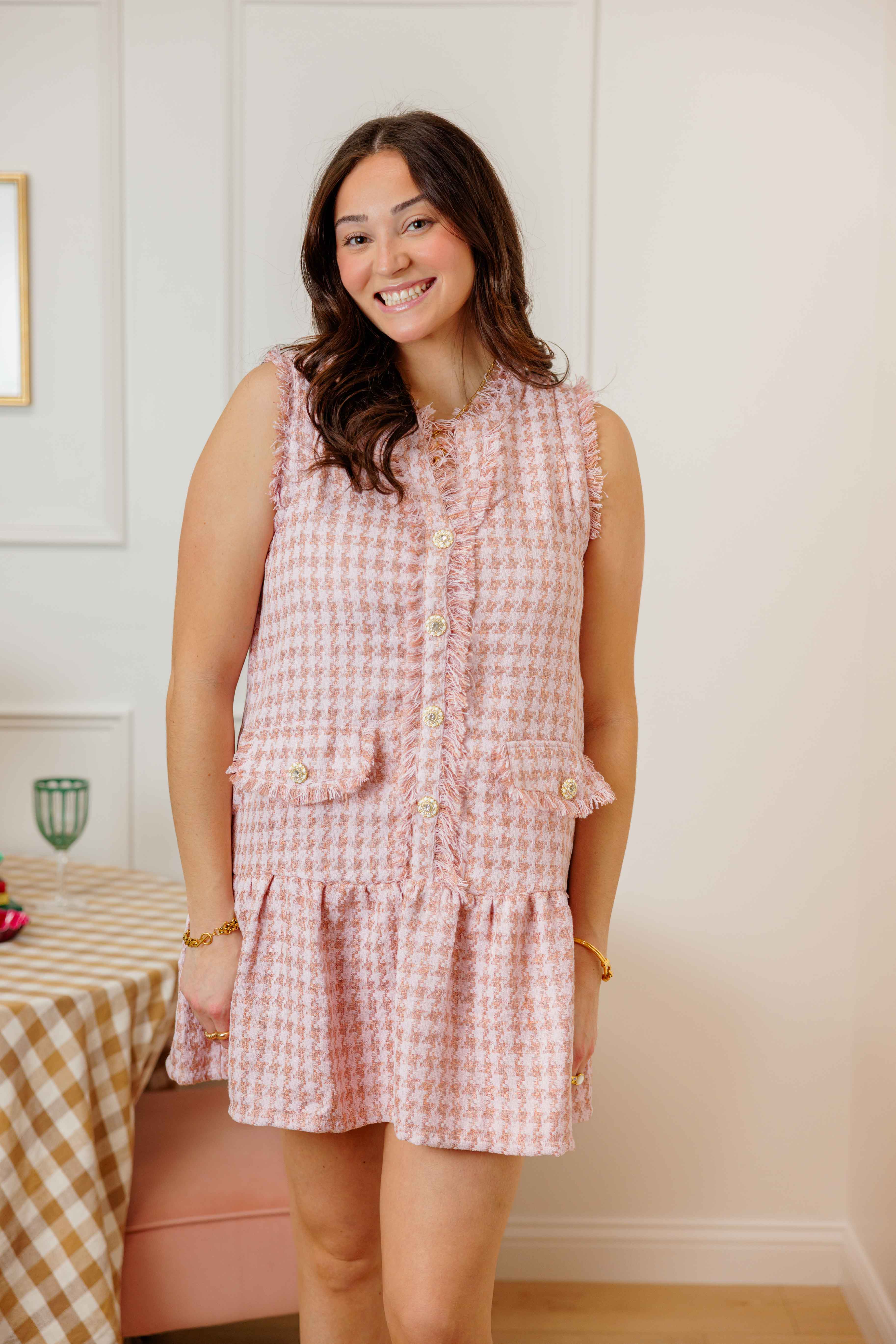 Peach Tweed Houndstooth Dress