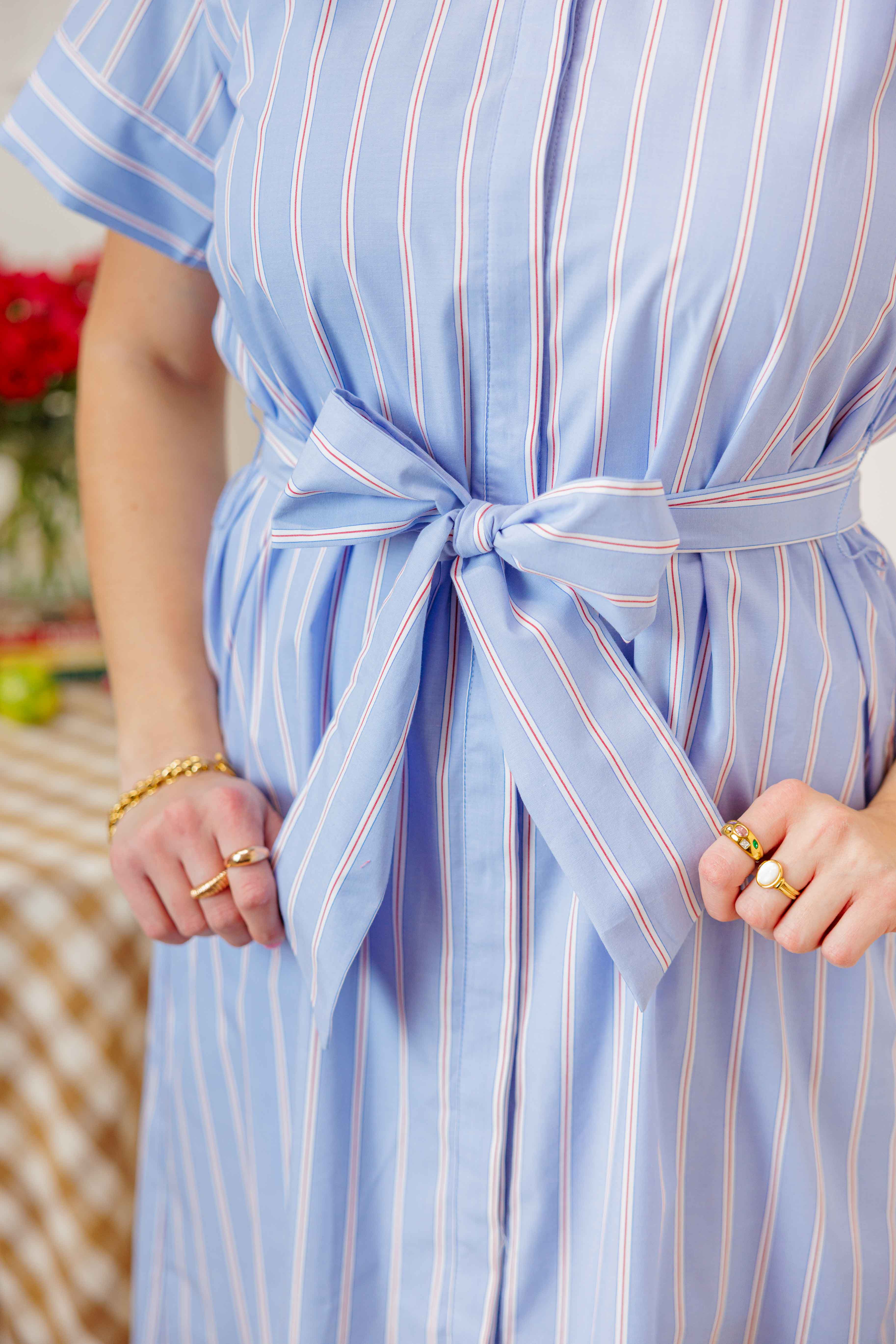 Blue Ruffle Neck Midi Dress