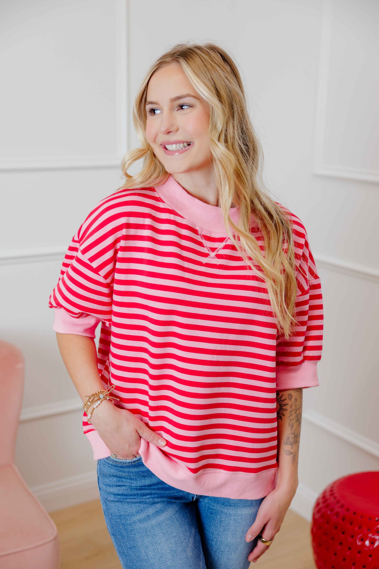 Red Striped Sweatshirt Top