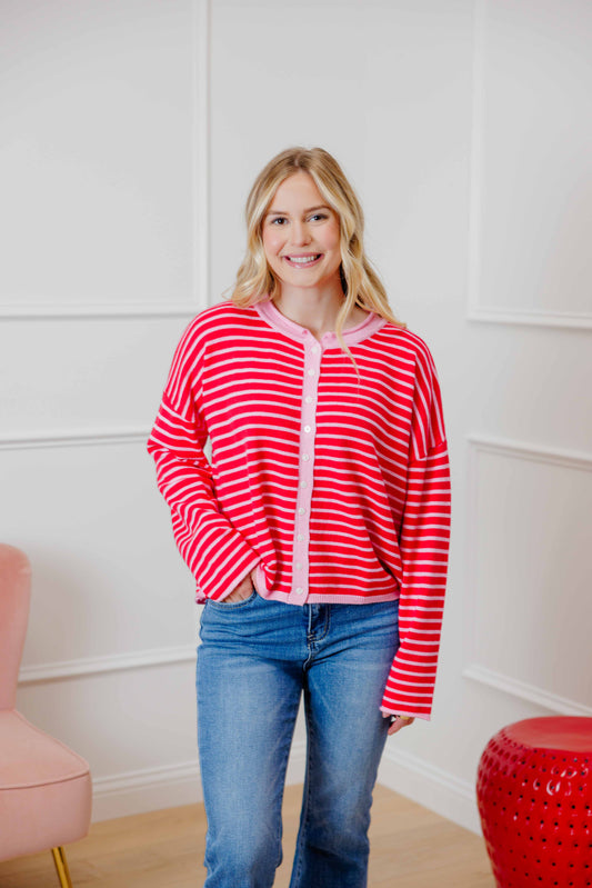 Pink Red Striped Button Cardigan