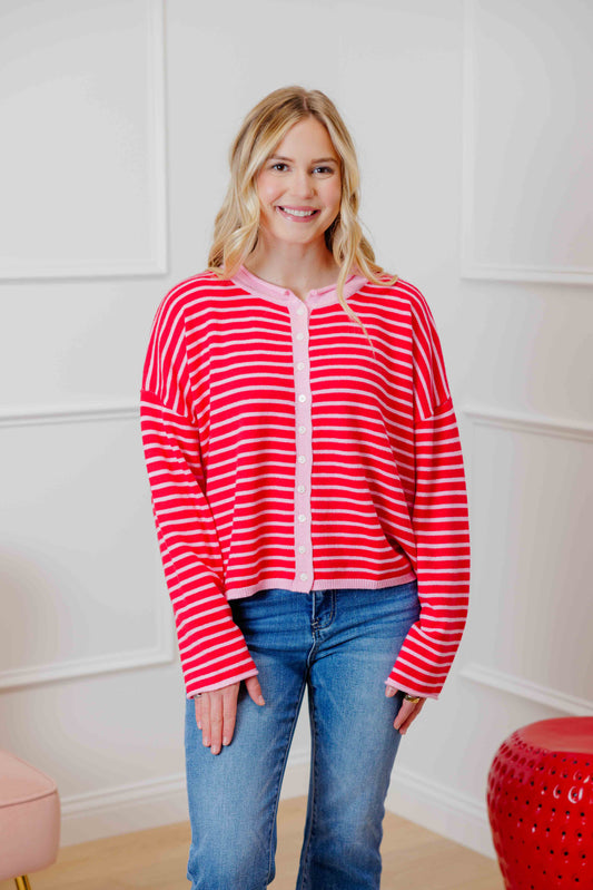 Pink Red Striped Button Cardigan