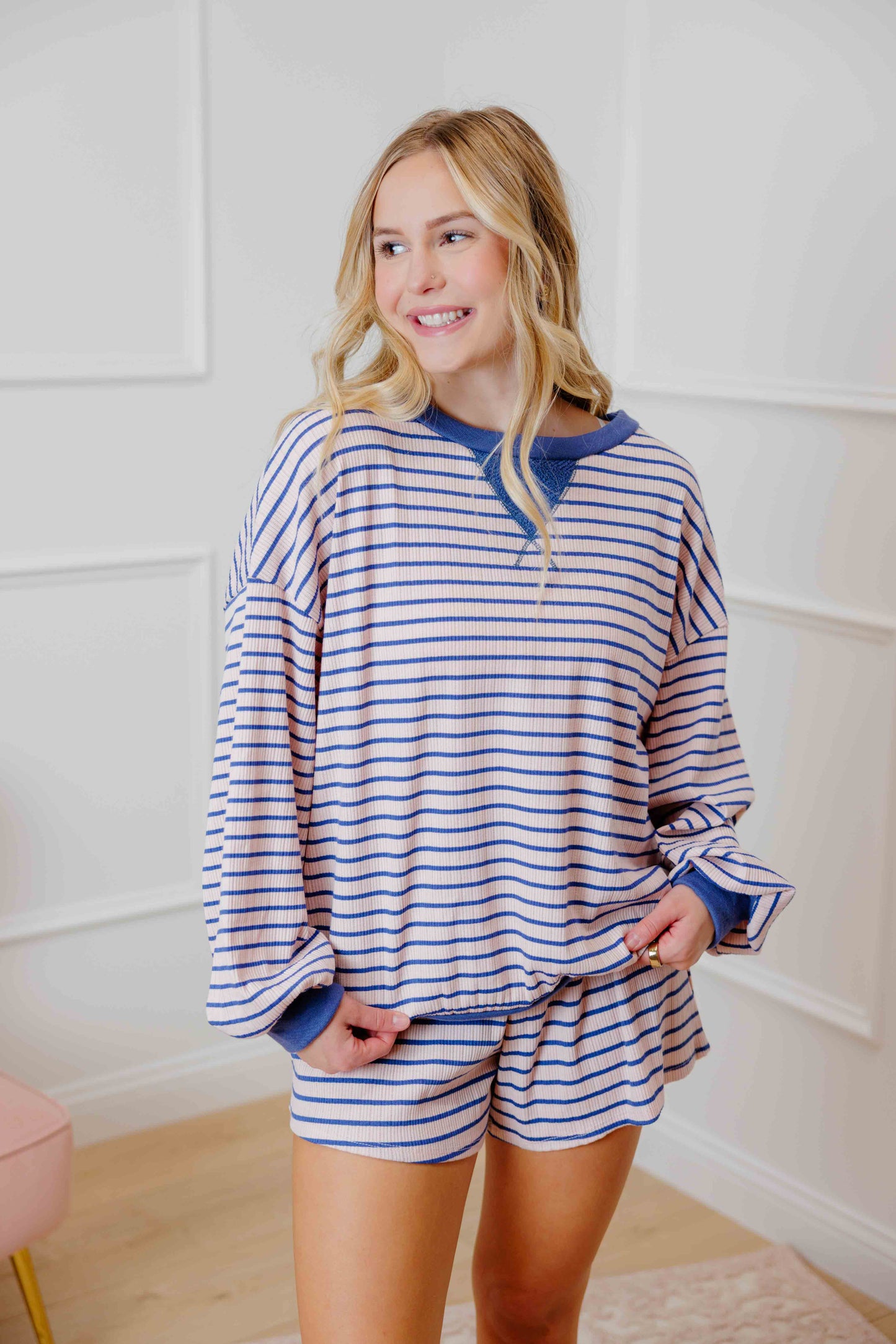 Pink Striped Ribbed Short Set