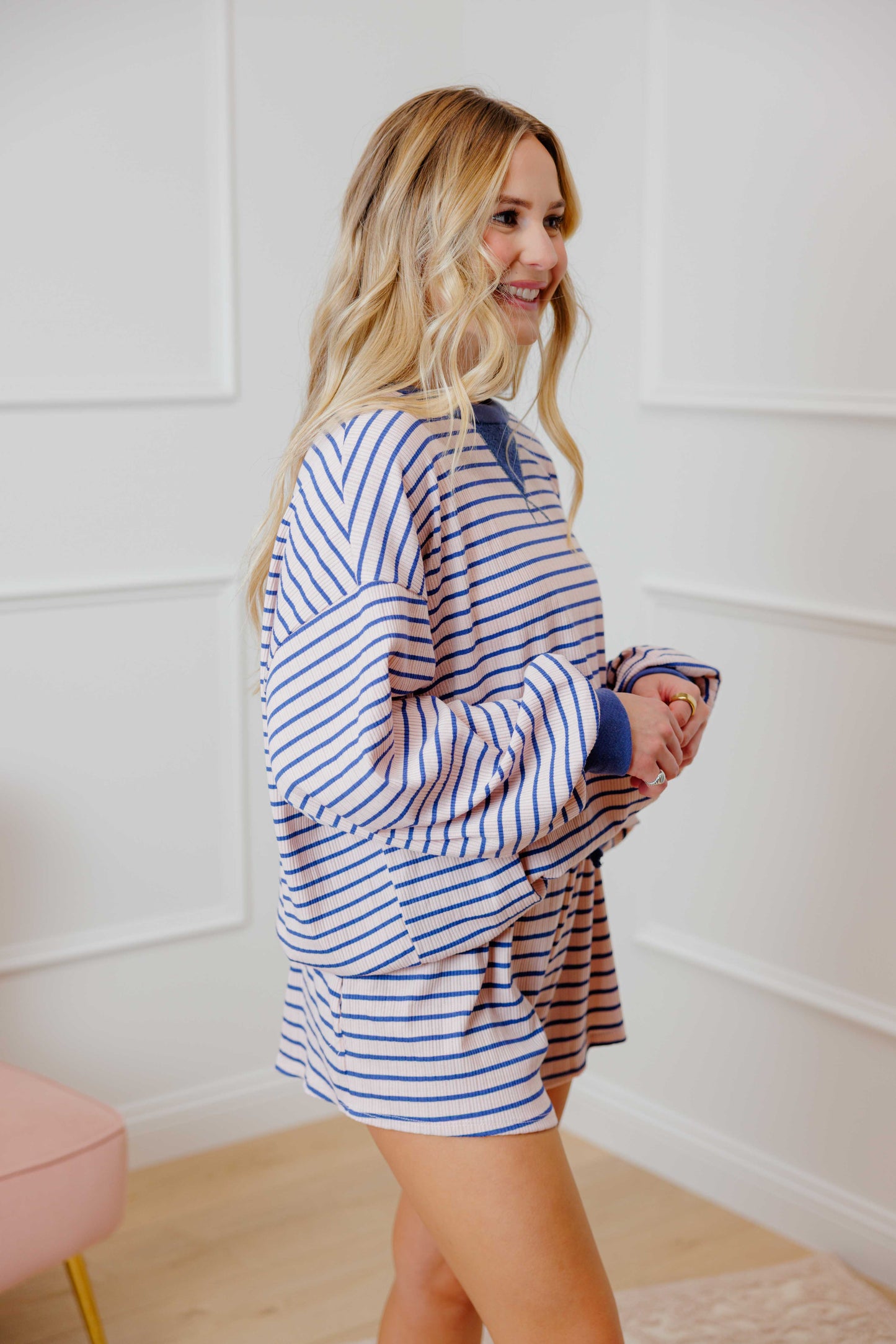 Pink Striped Ribbed Short Set