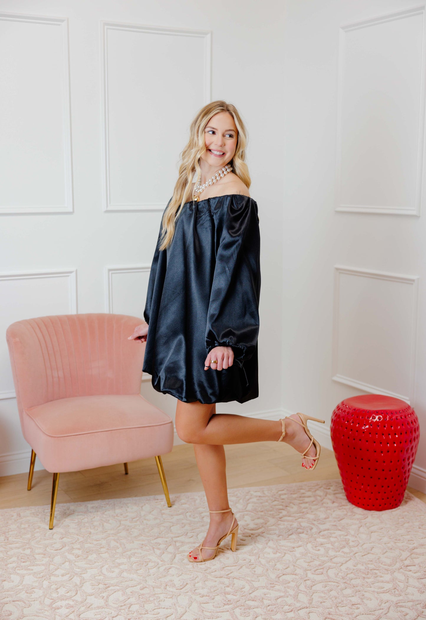 Black Satin Off Shoulder Dress