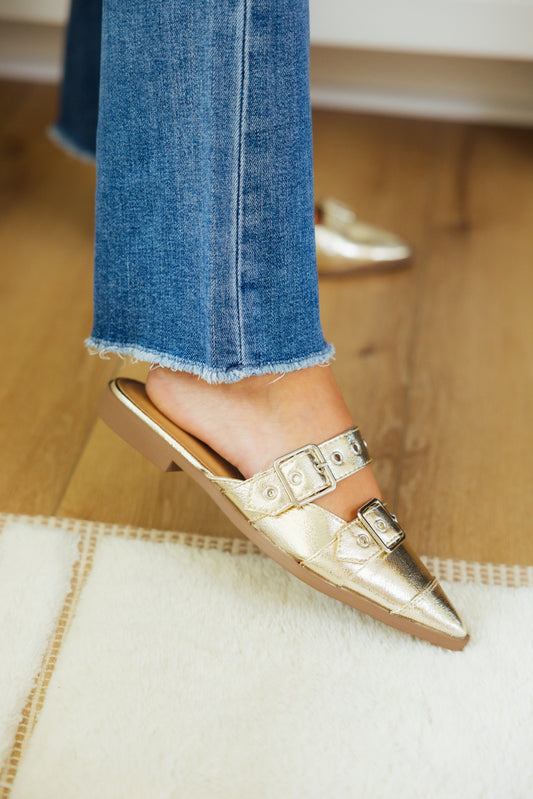 Gold Metallic Buckle Mule