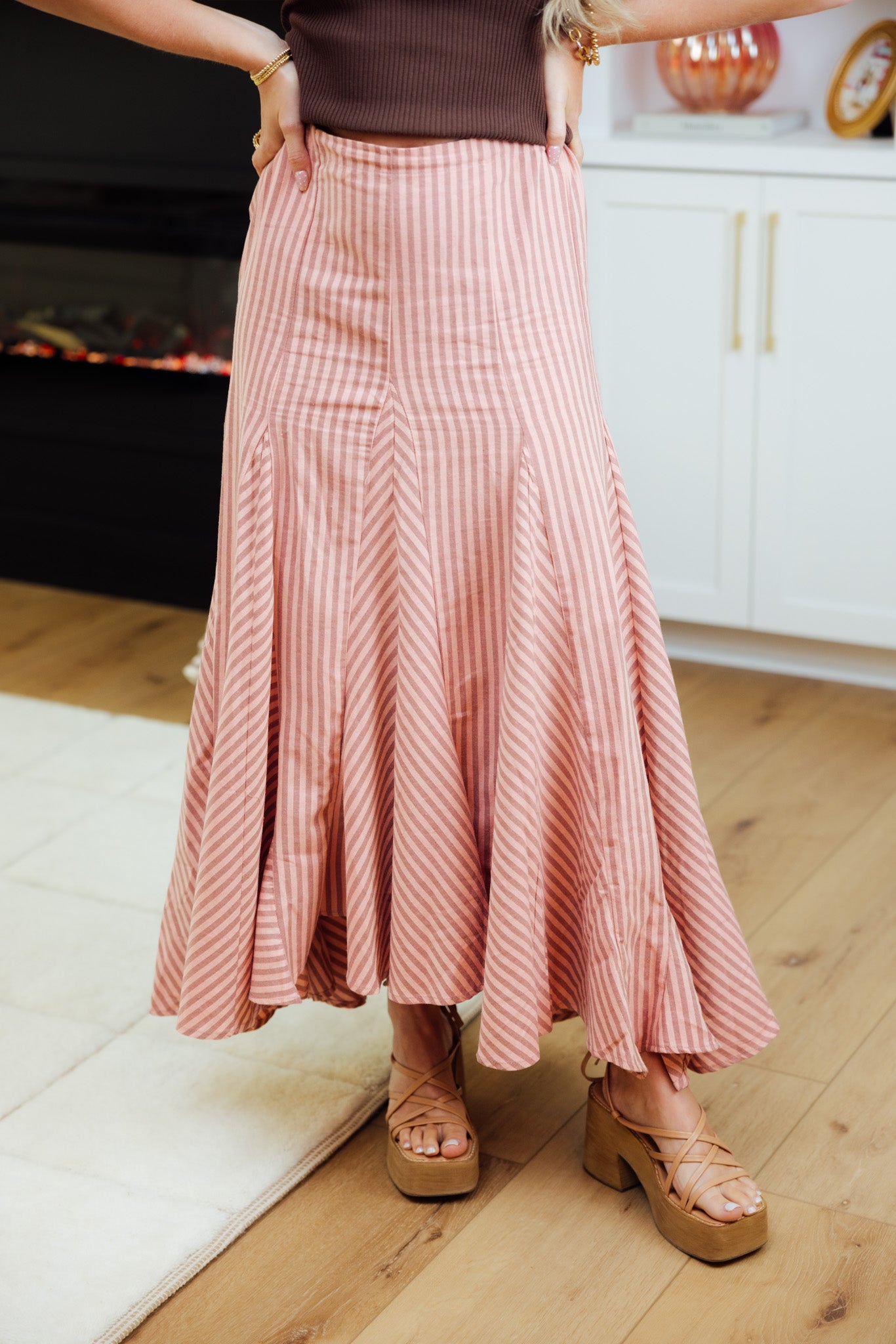 Peach Striped Linen Midi Skirt