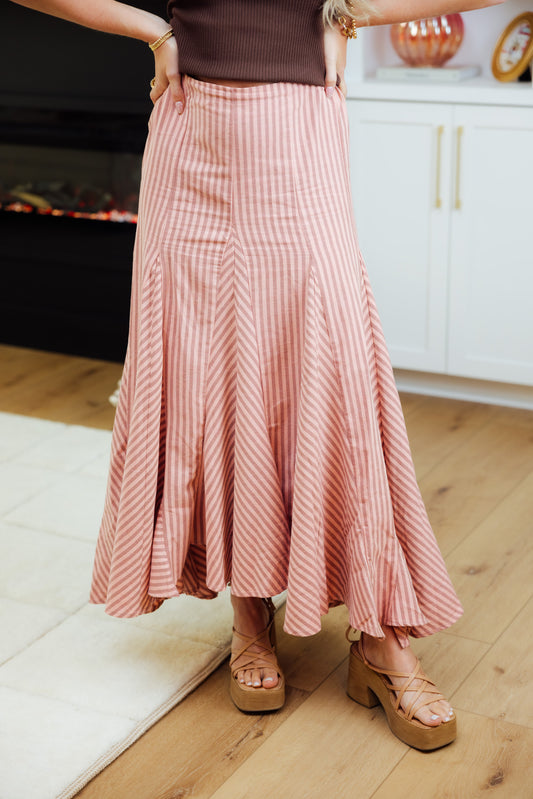 Peach Striped Linen Midi Skirt