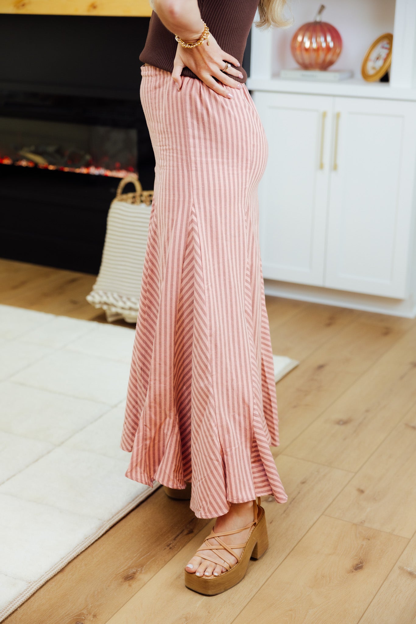 Peach Striped Linen Midi Skirt