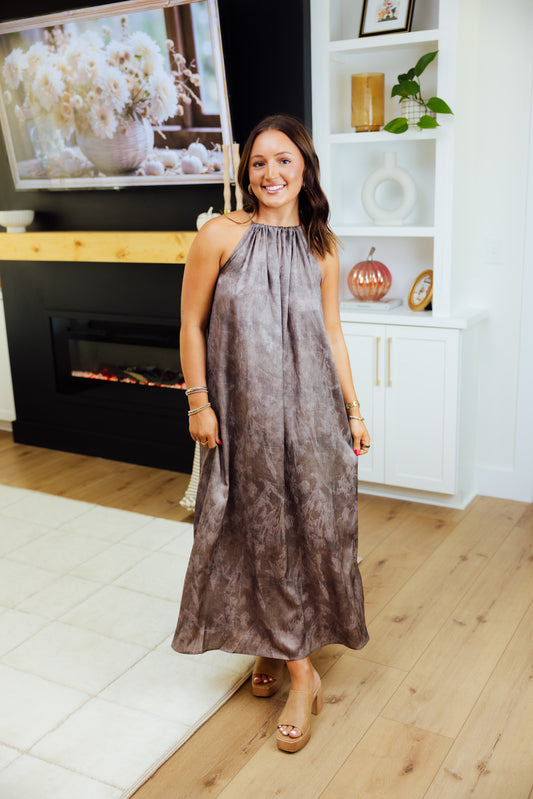 Brown Floral Tie Maxi Dress