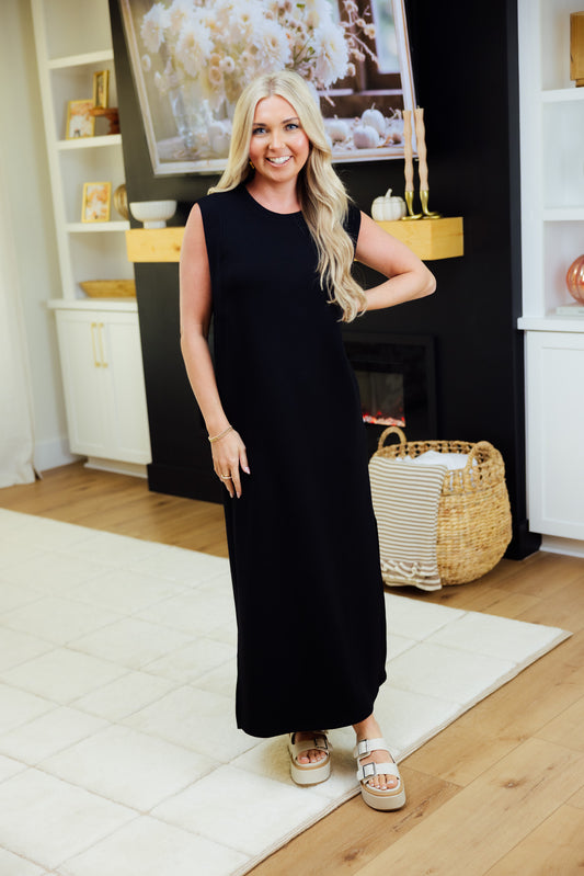 Black Jersey Knit Midi Dress