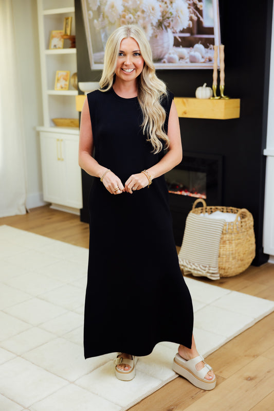 Black Jersey Knit Midi Dress