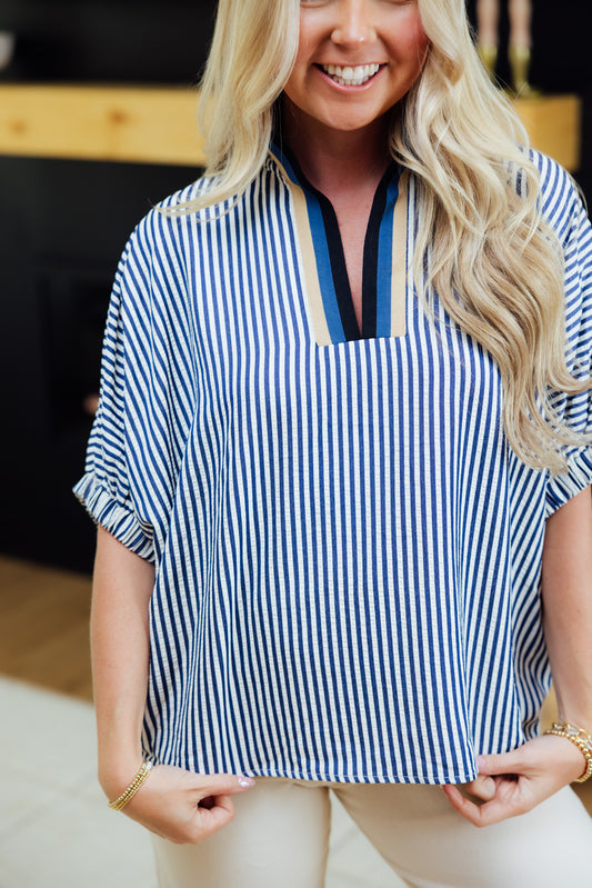 Navy Striped High Neck Top