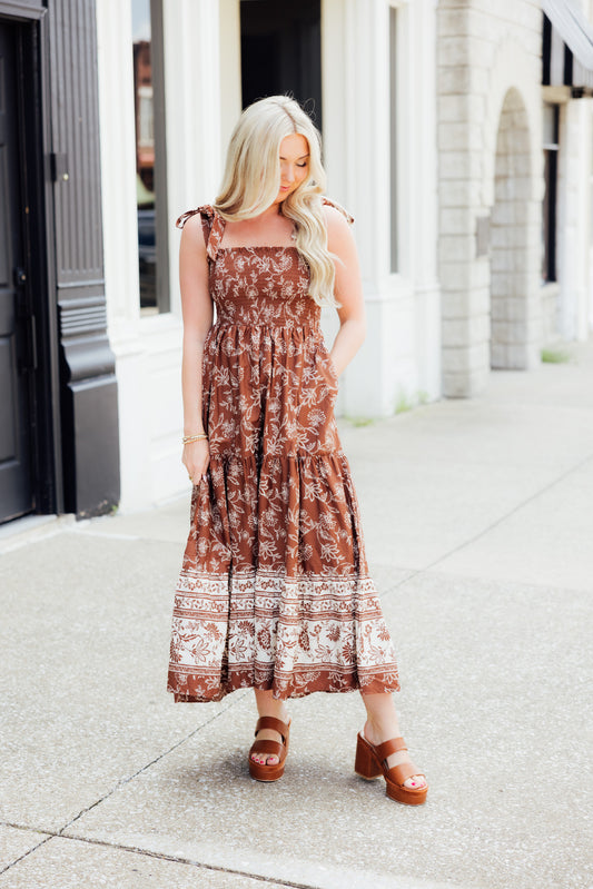 Brown Tie Strap Midi Dress